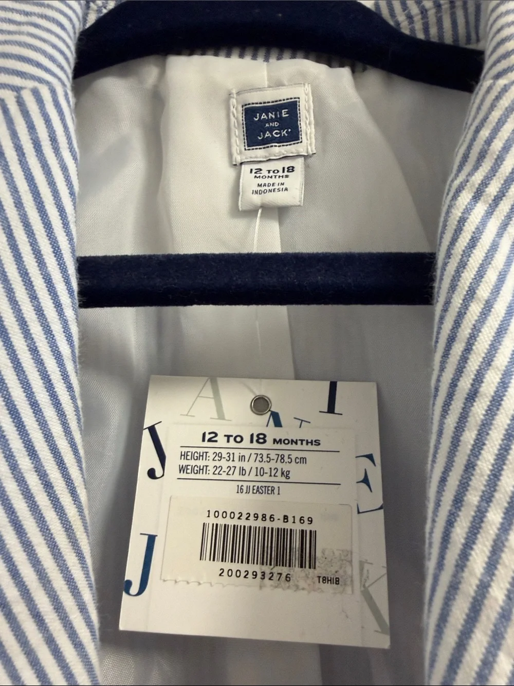 Janie and Jack Seersucker Blazer Jacket Blue White Striped Boys 12-18 Months NWT